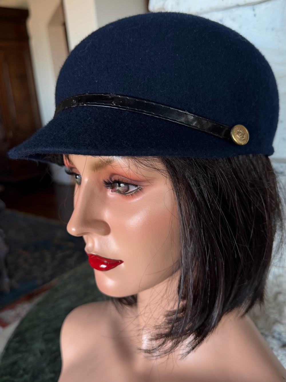 Wool Cloche Hat with Patent Trim in Navy